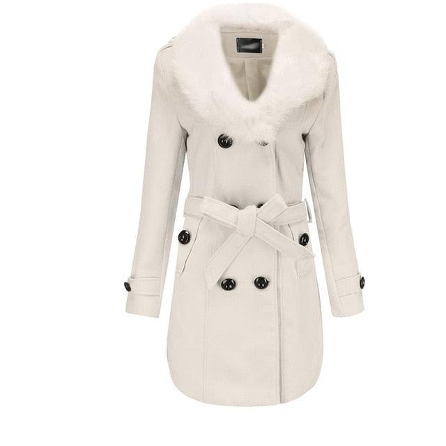 Gorgeous Women's Winter Jackets - Casual Plus Size Outwears - Slim Faux Fur Wool Jacket - Double Breasted Solid White Coat (D20)(TB8B)(TB8A)(TP3)
