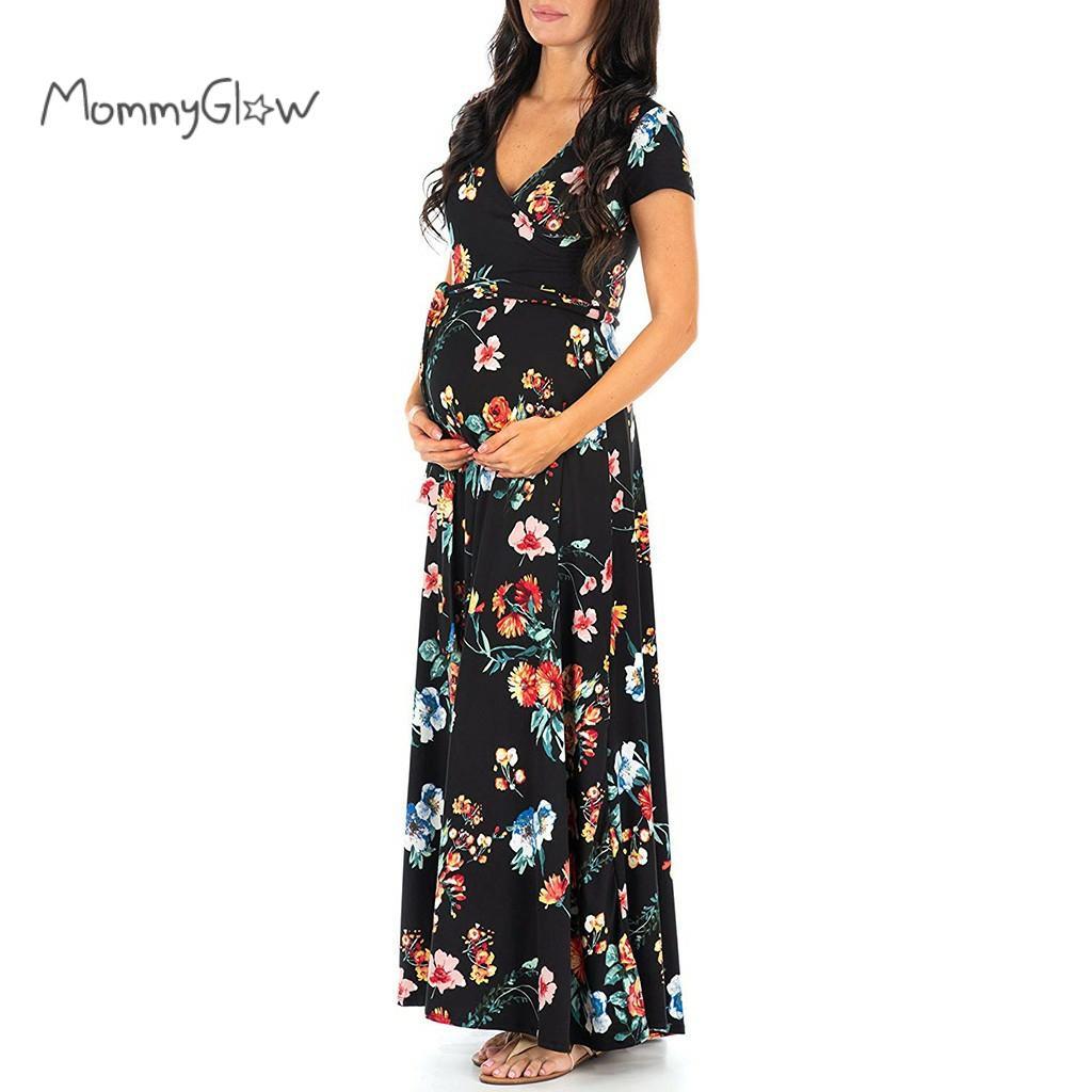 Women's Maternity Long Dress - Floral Printed V Neck Summer Pregnancy Dresses For Pregnant Women (Z7)(1Z1)(2Z1)(4Z1)(5Z1)(7Z1)