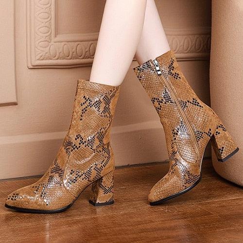 Women's Mid-Calf Boots - Snakeskin Pattern Boots - Ladies Pointed Toe (3U38)(3U107)(3U36)(3U42)