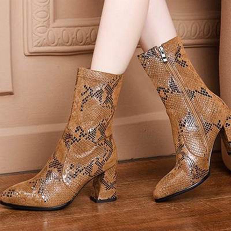 Women's Mid-Calf Boots - Snakeskin Pattern Boots - Ladies Pointed Toe (3U38)(3U107)(3U36)(3U42)