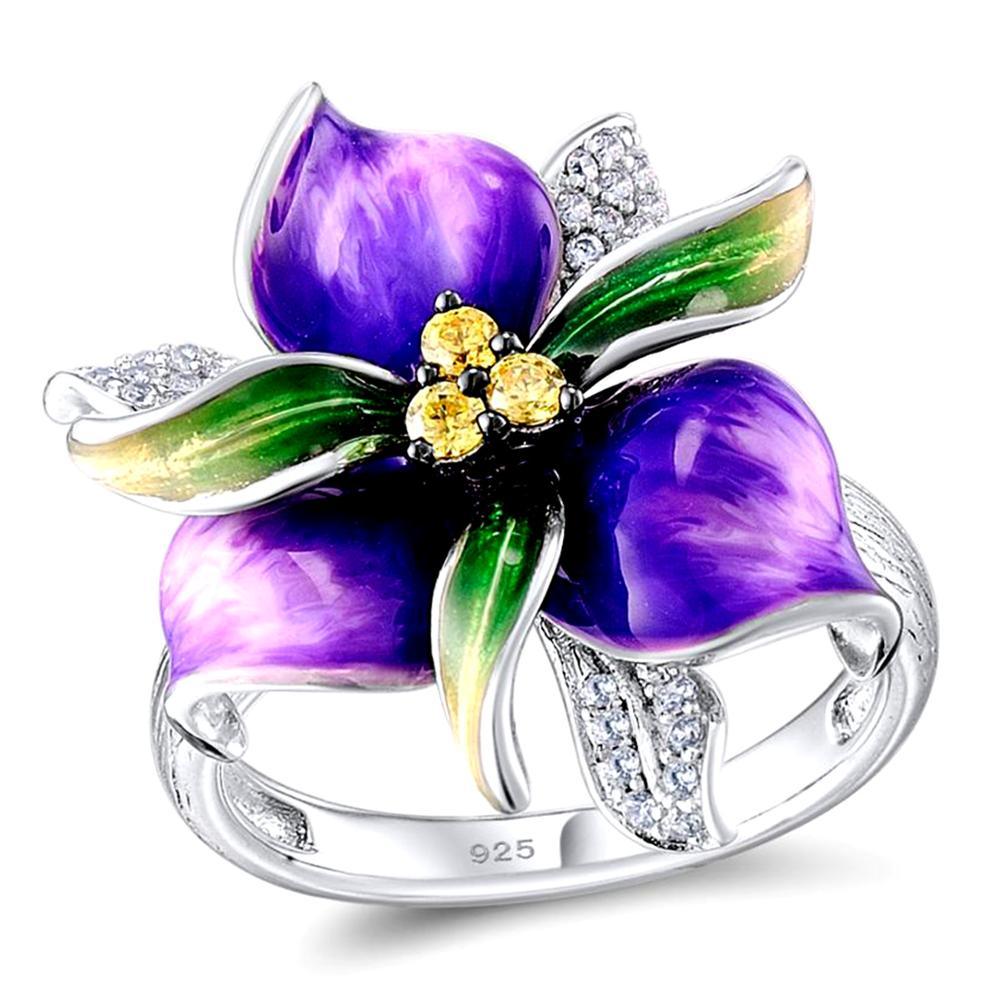Women's Silver Color Beautiful Purple Enamel Violet Flower Ring - Wedding Party Cocktail Ring Jewelry (D81)(7JW)