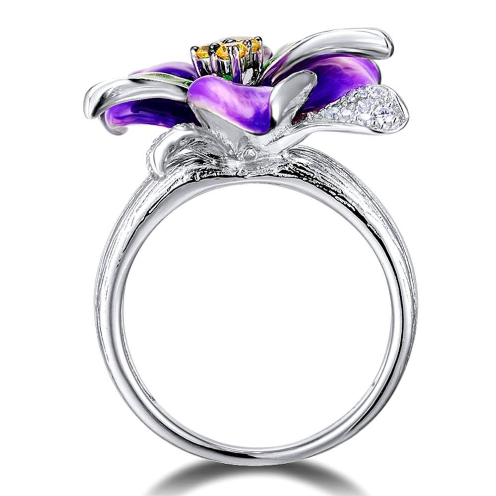Women's Silver Color Beautiful Purple Enamel Violet Flower Ring - Wedding Party Cocktail Ring Jewelry (D81)(7JW)