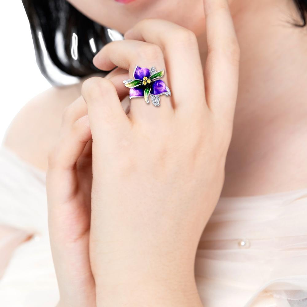 Women's Silver Color Beautiful Purple Enamel Violet Flower Ring - Wedding Party Cocktail Ring Jewelry (D81)(7JW)
