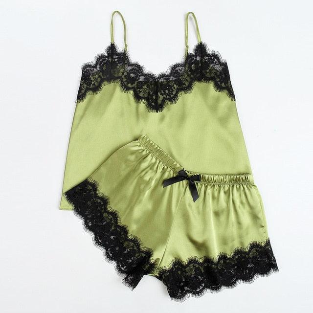 Women's Sleepwear Sexy Satin Pajama Set - Black Lace V-Neck Sleeveless Cute Cami Top and Shorts (D90)(ZP1)