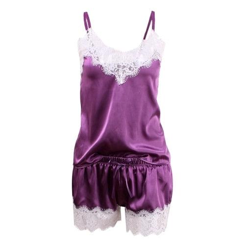 Chic Women Pajama Sets - Female V Neck Sleeveless Satin Top Cami Lace + Shorts PJ Set (ZP1)