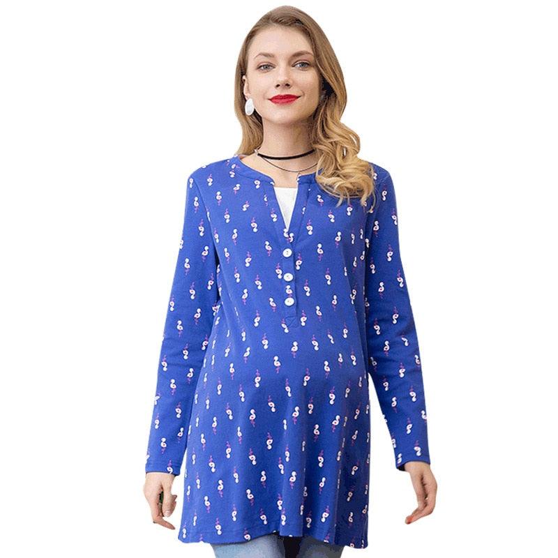 Women's V-neck Long Sleeve Small Flower Print Maternity T-shirts - Casual Maternity Clothing (Z1)(F4)