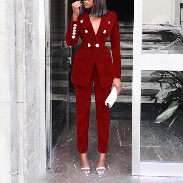 Great Women 2 Piece Set - Top And Pants - New Arrivals Rhinestone Long Sleeve Office Suit - High Waist Pants Set (6U20)