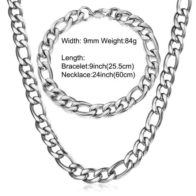 Womens Mens Jewelry Sets 5/7/9mm Stainless Steel Figaro Link Chain - Gold Silver Color Necklace Bracelet (2U83)