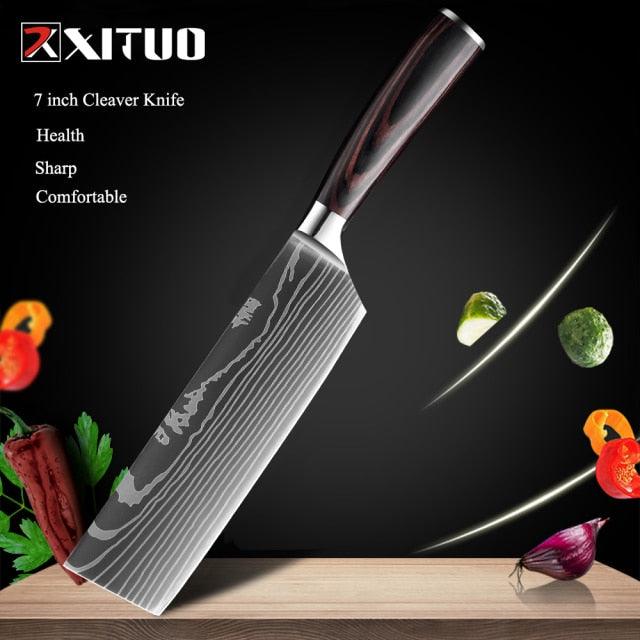 1-10 Pcs Set Kitchen Knives Stainless Steel Laser Damascus Pattern Chef Knife Sharp Cleaver Slicing Utility Knives (AK5)(1U61)