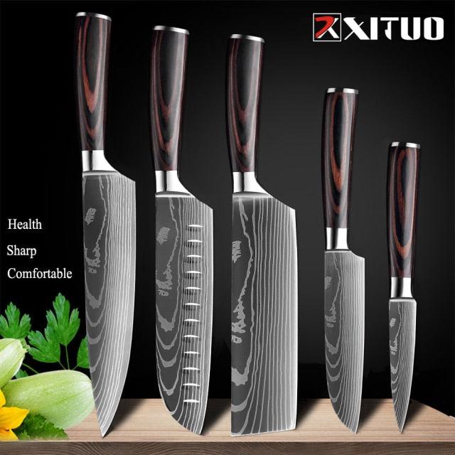 1-10 Pcs Set Kitchen Knives Stainless Steel Laser Damascus Pattern Chef Knife Sharp Cleaver Slicing Utility Knives (AK5)(1U61)