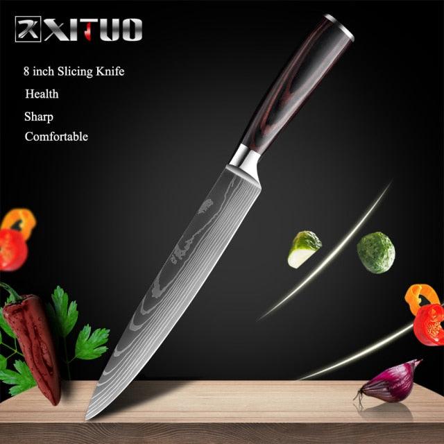 1-10 Pcs Set Kitchen Knives Stainless Steel Laser Damascus Pattern Chef Knife Sharp Cleaver Slicing Utility Knives (AK5)(1U61)