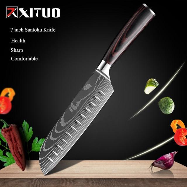 1-10 Pcs Set Kitchen Knives Stainless Steel Laser Damascus Pattern Chef Knife Sharp Cleaver Slicing Utility Knives (AK5)(1U61)