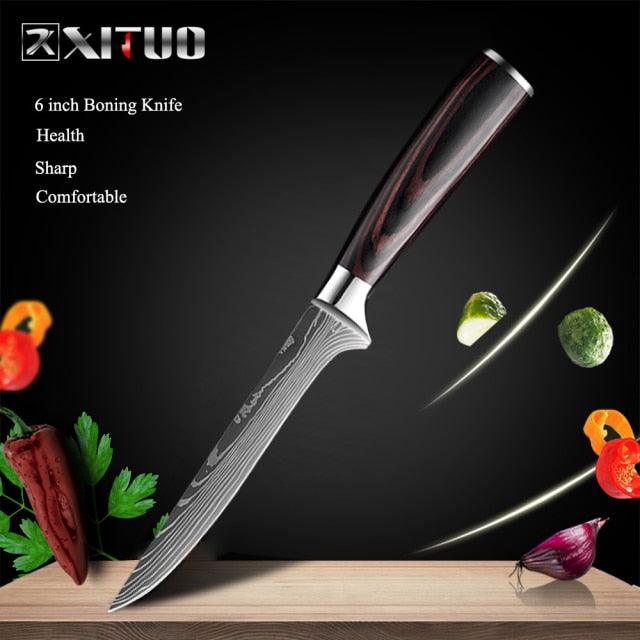 1-10 Pcs Set Kitchen Knives Stainless Steel Laser Damascus Pattern Chef Knife Sharp Cleaver Slicing Utility Knives (AK5)(1U61)