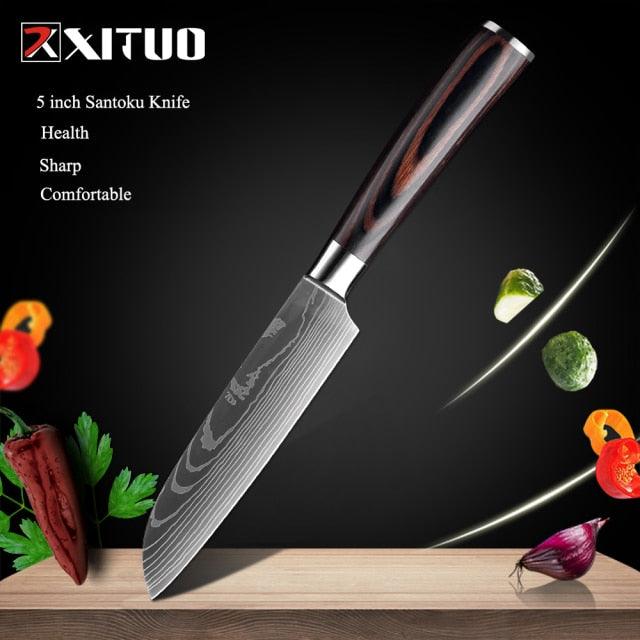 1-10 Pcs Set Kitchen Knives Stainless Steel Laser Damascus Pattern Chef Knife Sharp Cleaver Slicing Utility Knives (AK5)(1U61)