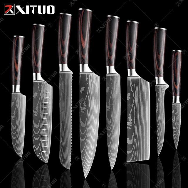 1-10 Pcs Set Kitchen Knives Stainless Steel Laser Damascus Pattern Chef Knife Sharp Cleaver Slicing Utility Knives (AK5)(1U61)