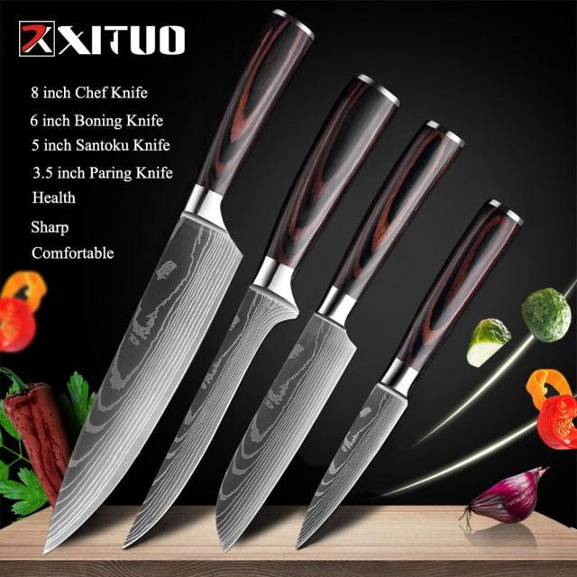 1-10 Pcs Set Kitchen Knives Stainless Steel Laser Damascus Pattern Chef Knife Sharp Cleaver Slicing Utility Knives (AK5)(1U61)