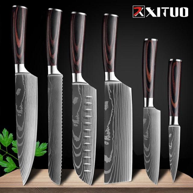 1-10 Pcs Set Kitchen Knives Stainless Steel Laser Damascus Pattern Chef Knife Sharp Cleaver Slicing Utility Knives (AK5)(1U61)