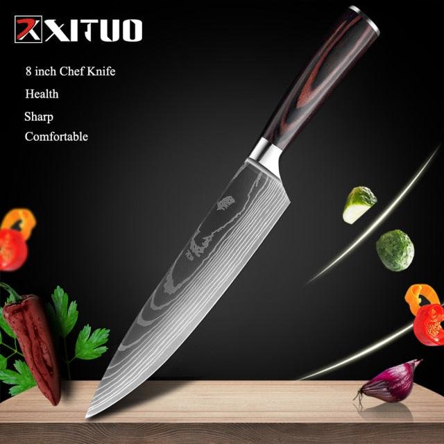1-10 Pcs Set Kitchen Knives Stainless Steel Laser Damascus Pattern Chef Knife Sharp Cleaver Slicing Utility Knives (AK5)(1U61)