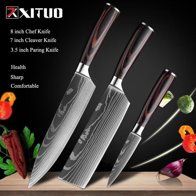 1-10 Pcs Set Kitchen Knives Stainless Steel Laser Damascus Pattern Chef Knife Sharp Cleaver Slicing Utility Knives (AK5)(1U61)