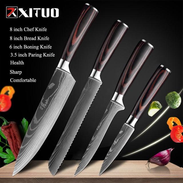 1-10 Pcs Set Kitchen Knives Stainless Steel Laser Damascus Pattern Chef Knife Sharp Cleaver Slicing Utility Knives (AK5)(1U61)