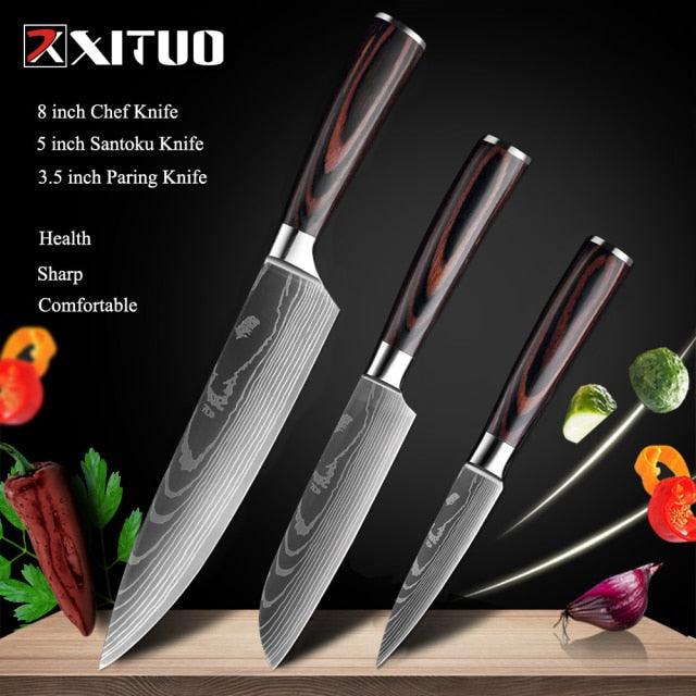 1-10 Pcs Set Kitchen Knives Stainless Steel Laser Damascus Pattern Chef Knife Sharp Cleaver Slicing Utility Knives (AK5)(1U61)