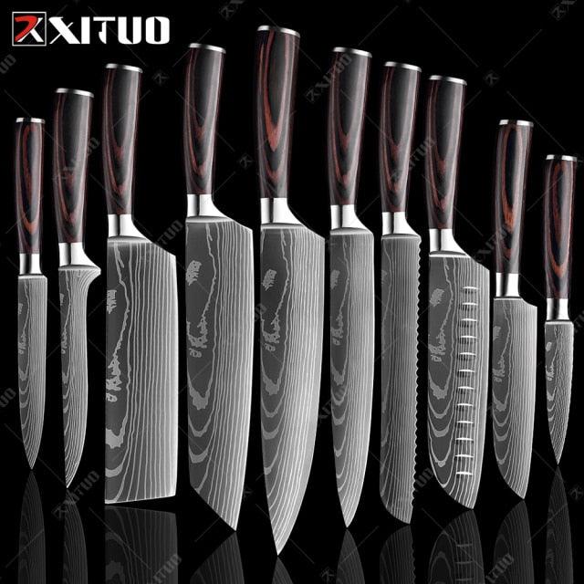 1-10 Pcs Set Kitchen Knives Stainless Steel Laser Damascus Pattern Chef Knife Sharp Cleaver Slicing Utility Knives (AK5)(1U61)