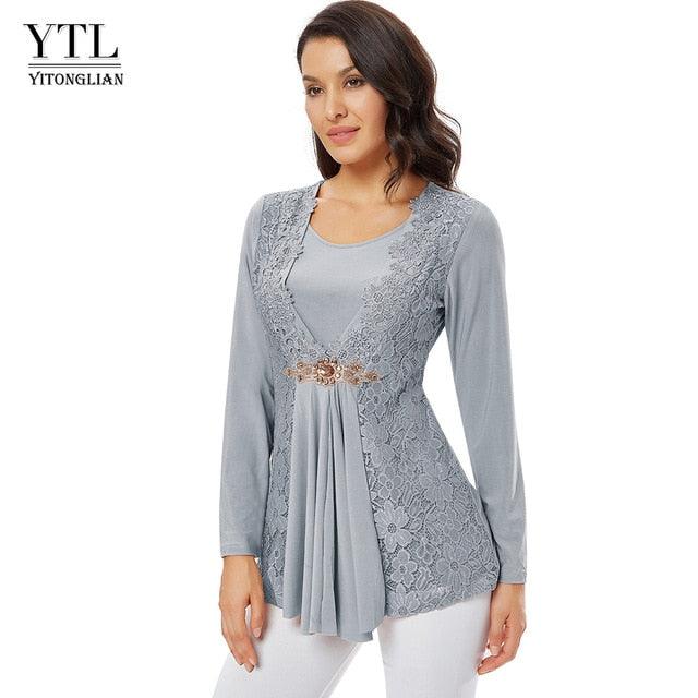 Ladies Golden Diamond Waist Decoration Slim Tunic Tops - Casual Party Long Sleeve Women Elegant Lace Floral Blouse (TB1)(BCD2)(F19)(F35)
