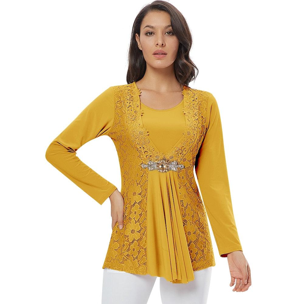 Ladies Golden Diamond Waist Decoration Slim Tunic Tops - Casual Party Long Sleeve Women Elegant Lace Floral Blouse (TB1)(BCD2)(F19)(F35)