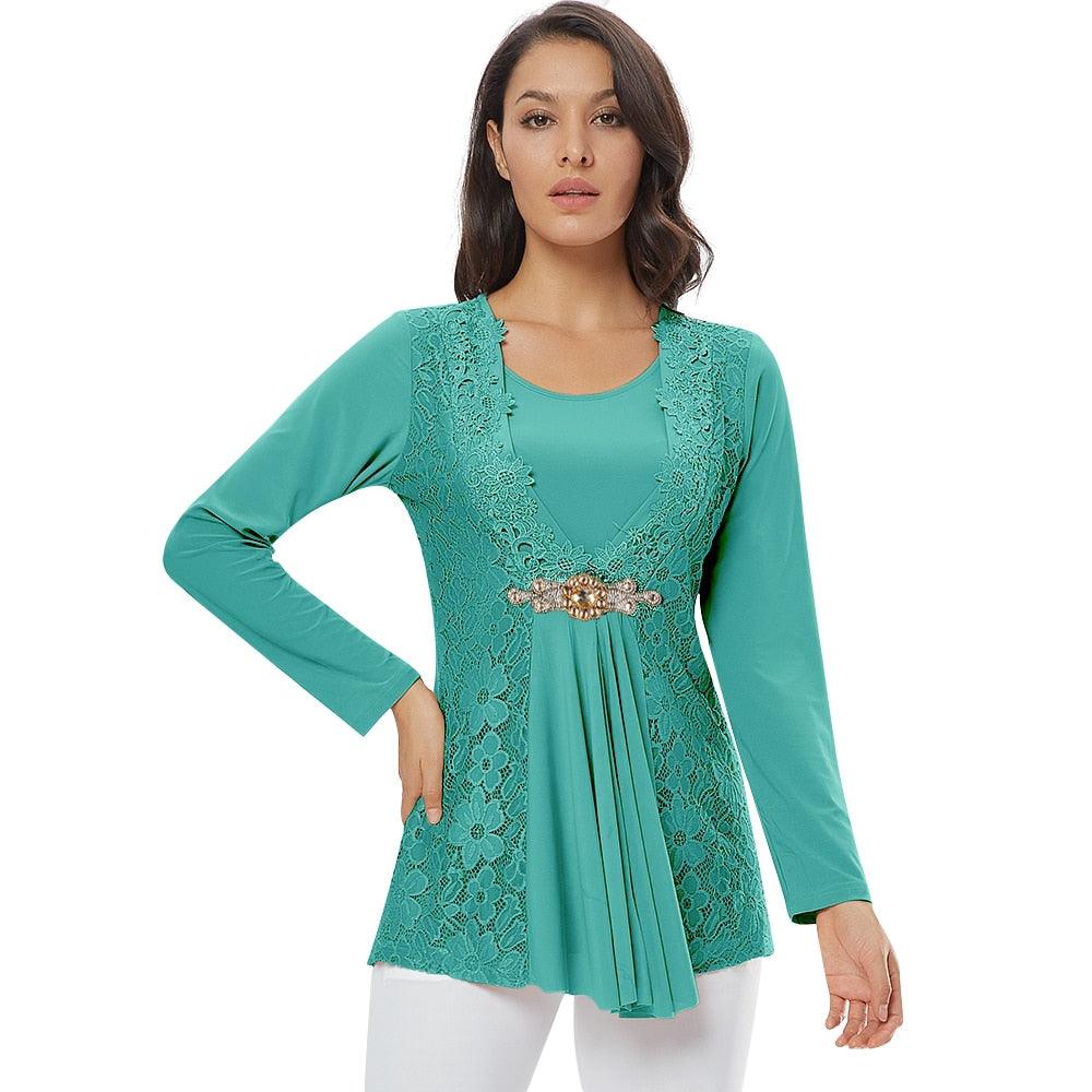 Ladies Golden Diamond Waist Decoration Slim Tunic Tops - Casual Party Long Sleeve Women Elegant Lace Floral Blouse (TB1)(BCD2)(F19)(F35)