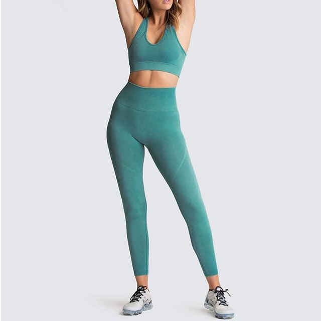 Cut Girls Seamless Women Gym Set - Sportswear 2 Piece Exercise Leggings Padded + Sports Bras - Women Sports Suits (D24)(BAP)(TBL)