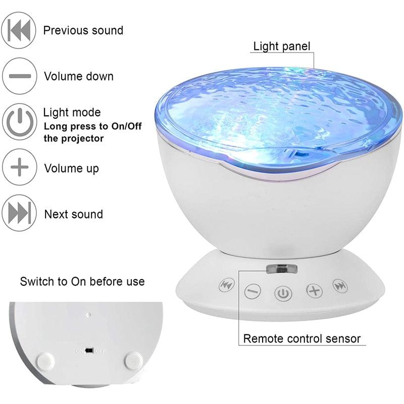 Ocean Wave Projector 12 LED Remote Control 7 Color TFCeiling Mood Lamp with Built in Speaker Music Player Night Light (LL4)(1U58)