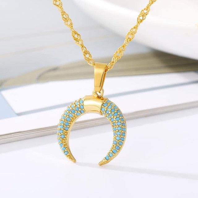 Gorgeous Zircon Moon Necklaces - Women Crystal Horn Crescent Pendant Charms Jewelry (2U81)