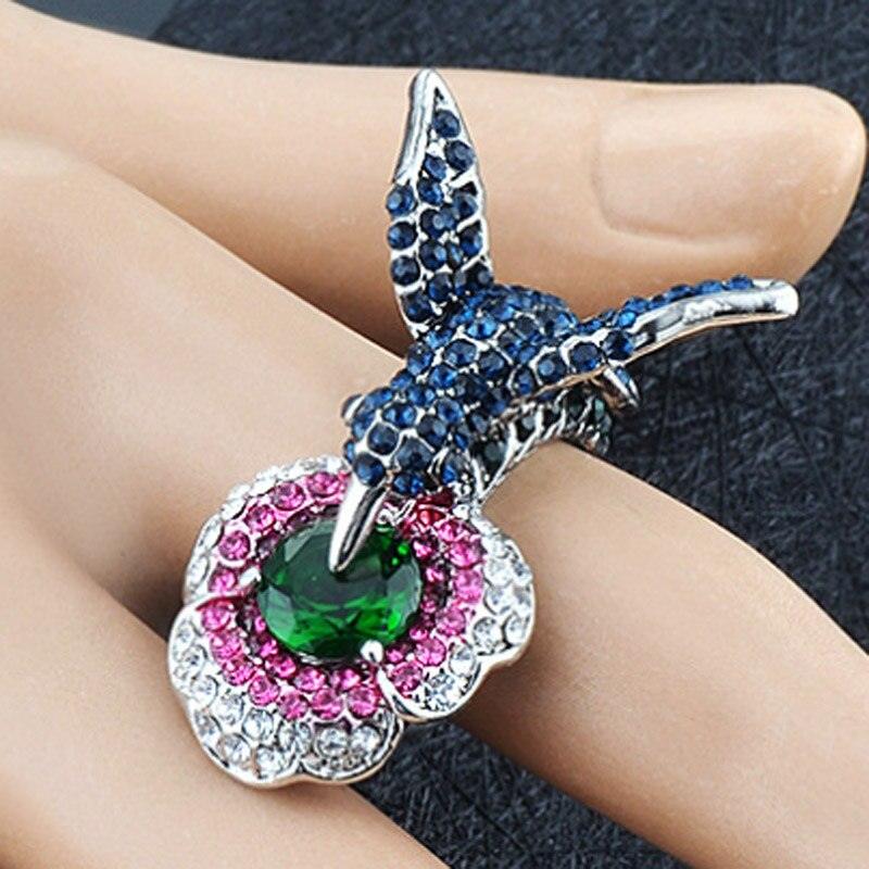 Cute Jewelry Green Cubic Zircon Enamel Birds Flower Rings - Women Party Gifts (7JW)(F81)