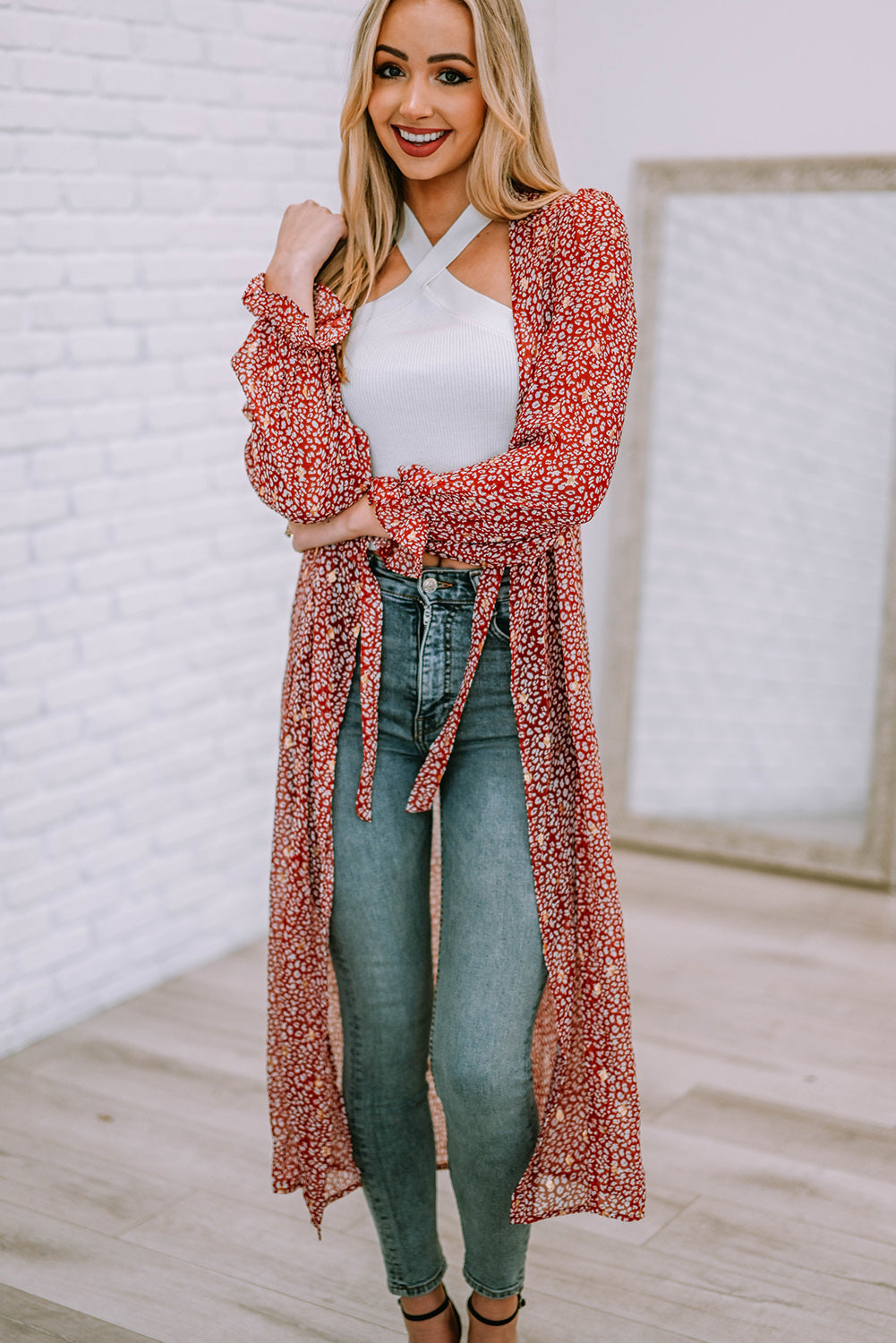 Leopard Tie Waist Flounce Sleeve Cover Up (TB11D) T