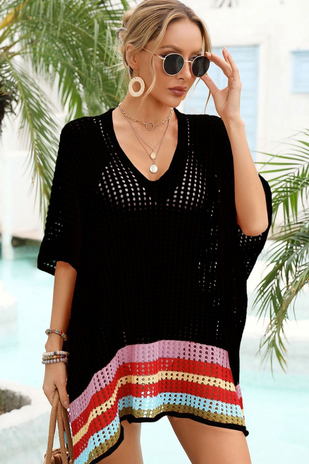 Rainbow Stripe Openwork Slit Cover-Up (TB11D) T - Deals DejaVu