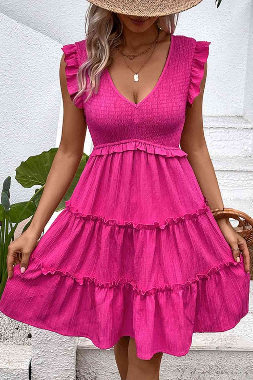 Smocked Frill Trim Deep V Dress (MWBT) T - Deals DejaVu