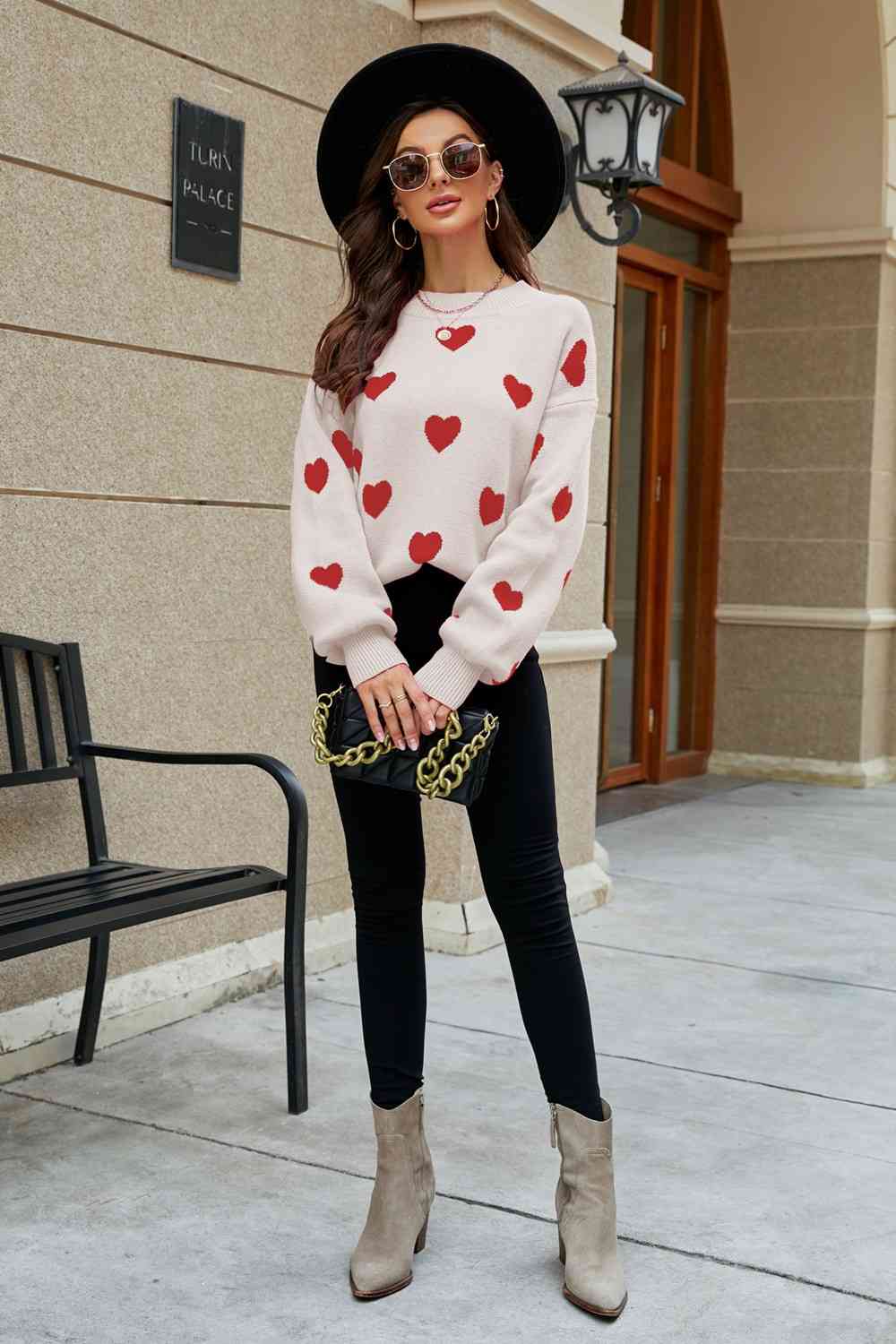 Woven Right Heart Pattern Lantern Sleeve Round Neck Tunic Sweater - Deals DejaVu