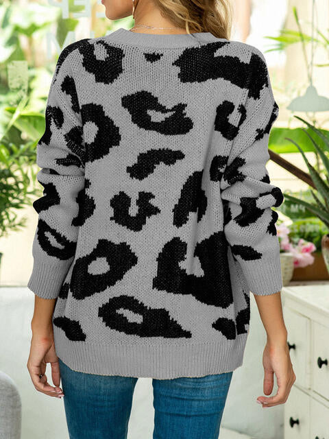 Drop Shoulder Leopard Pullover Sweater - Deals DejaVu