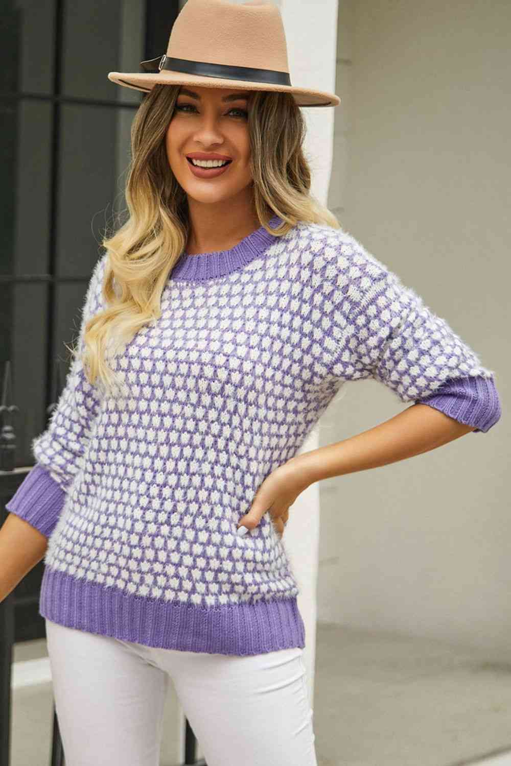 Printed Round Neck Dropped Shoulder Sweater - Deals DejaVu
