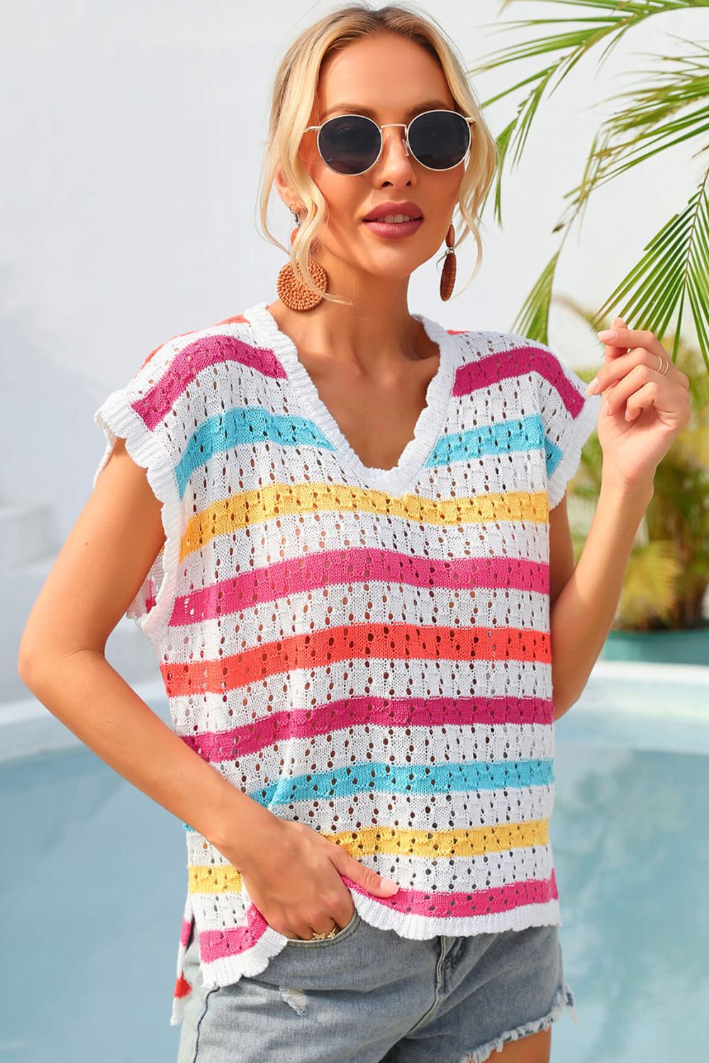 Striped V-Neck Slit Cover Up (TB11D) T - Deals DejaVu