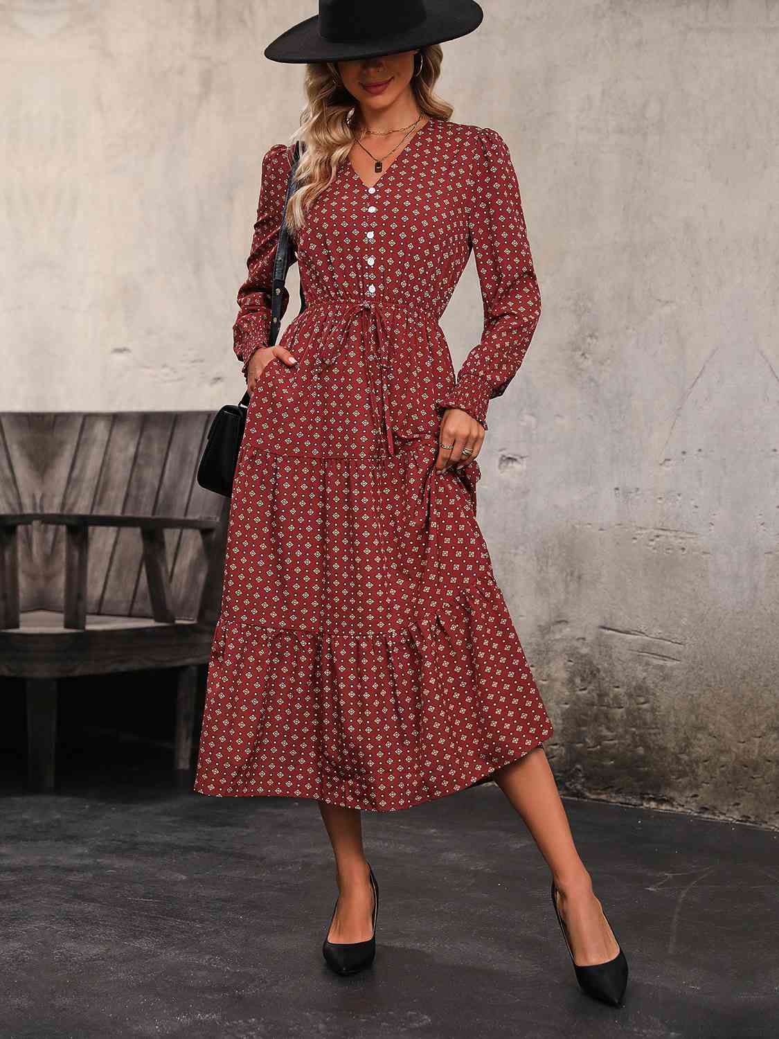 Printed Tiered V-Neck Buttoned Midi Dress (MWBT) T - Deals DejaVu