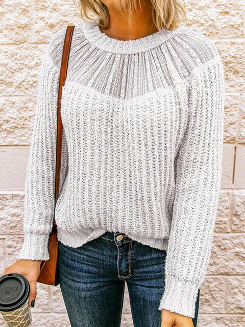 Round Neck Rib-Knit Sweater - Deals DejaVu