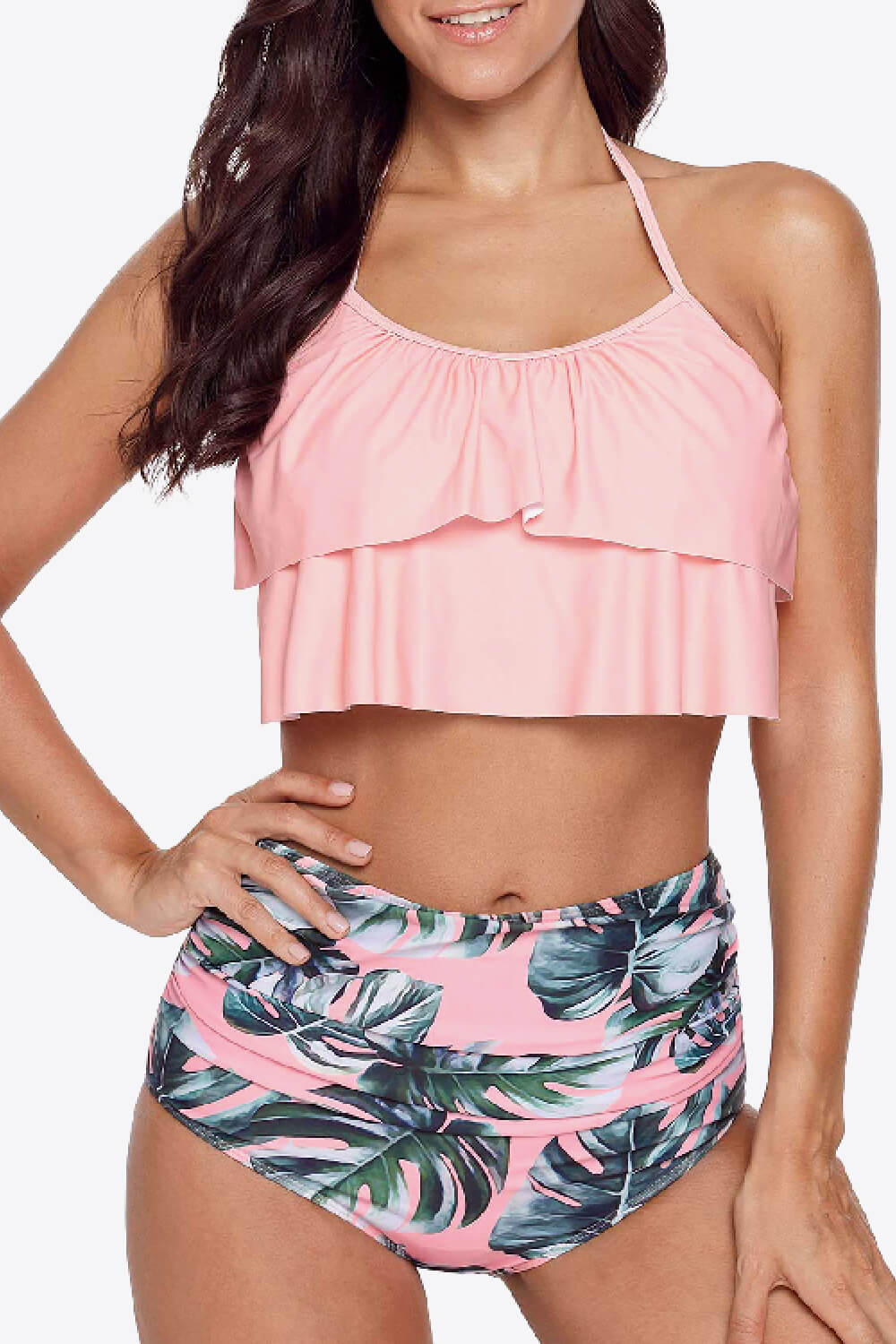 Halter Neck Tie Back Crop Swim Top and Botanical Print Swim Bottoms Set (TB13D) T