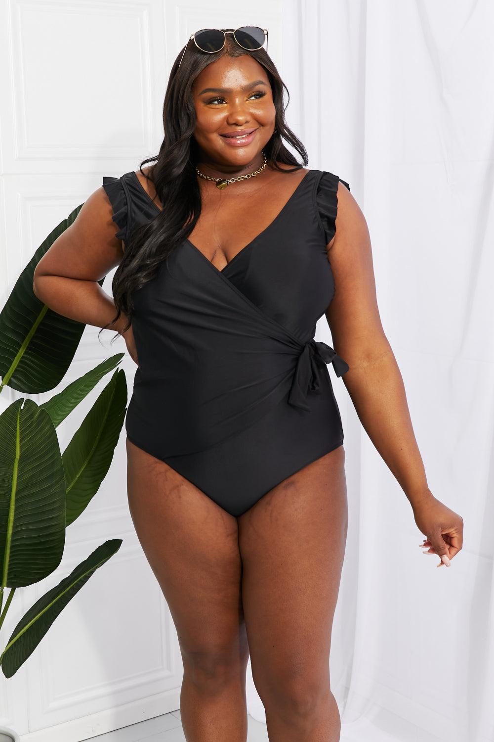 Marina West Swim Full Size Float On Ruffle Faux Wrap One-Piece in Black (TB10D) T