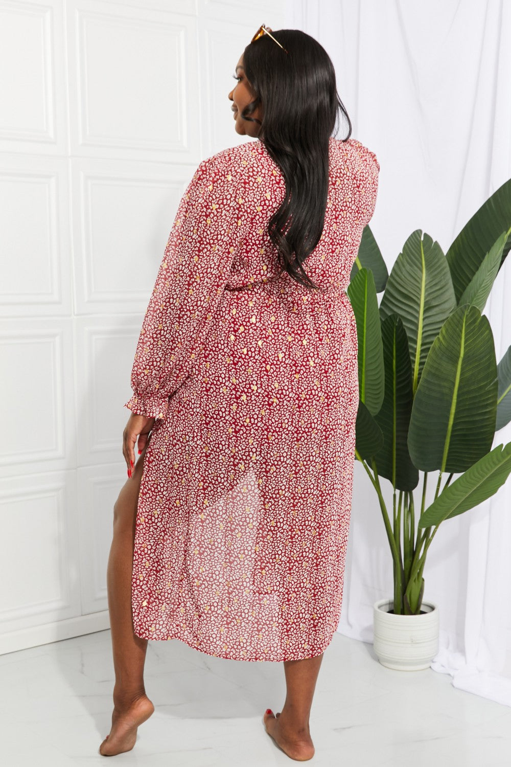 Leopard Tie Waist Flounce Sleeve Cover Up (TB11D) T
