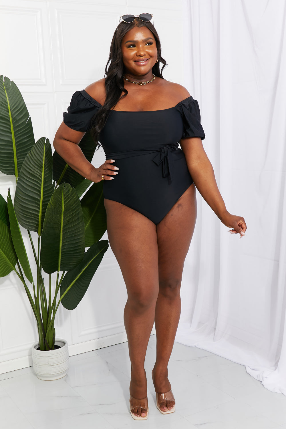 Marina West Swim Salty Air Puff Sleeve One-Piece in Black (TB10D) T