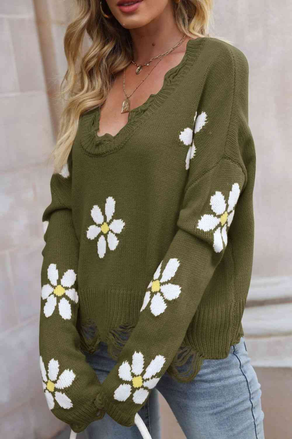 Flower Distressed Ribbed Trim Sweater - Deals DejaVu