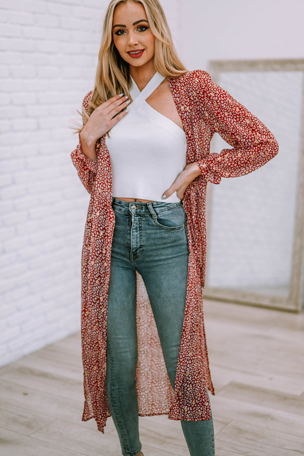 Leopard Tie Waist Flounce Sleeve Cover Up (TB11D) T
