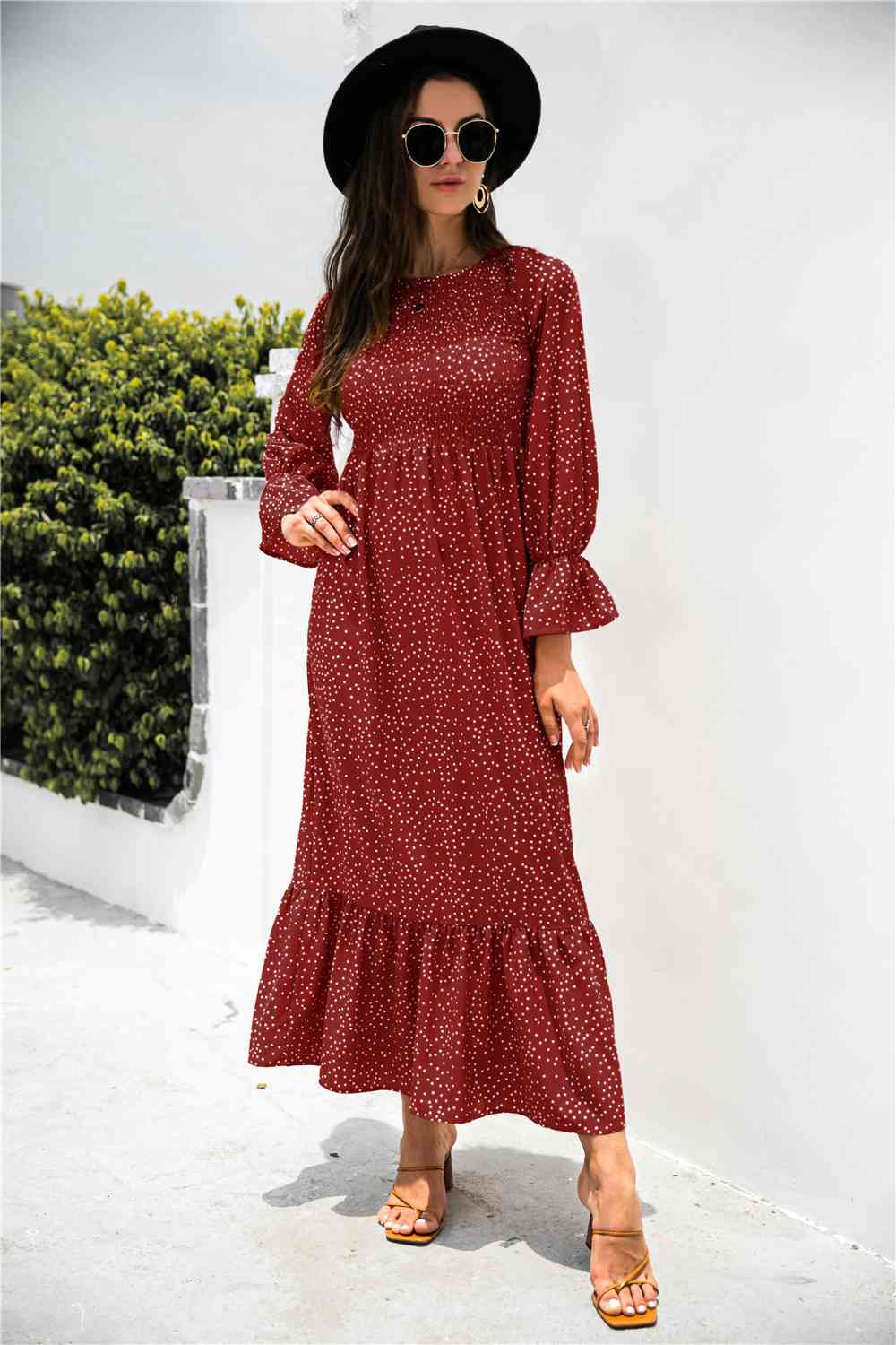 Printed Puff Sleeve Ruffle Maxi Dress (BWMT) T - Deals DejaVu
