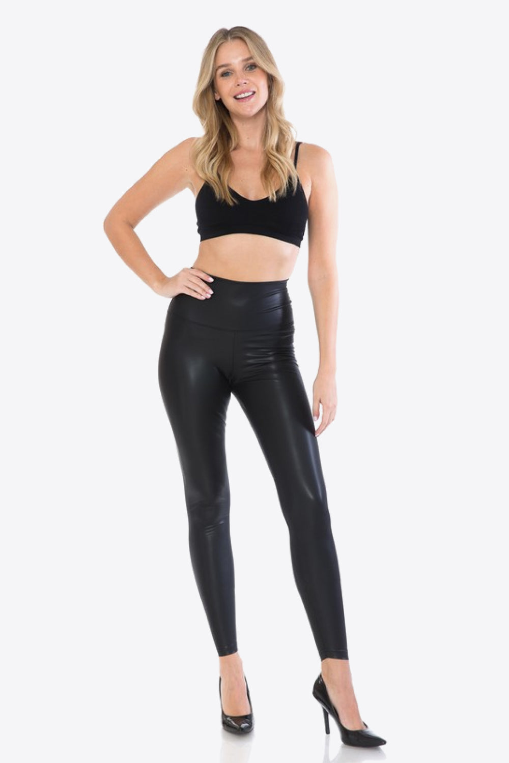 Leggings Depot Full Size PU Leather Wide Waistband Leggings in Black (TBL) T